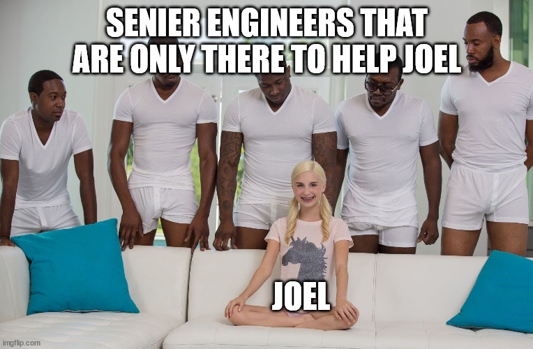 Gang Bang | SENIER ENGINEERS THAT ARE ONLY THERE TO HELP JOEL; JOEL | image tagged in gang bang | made w/ Imgflip meme maker