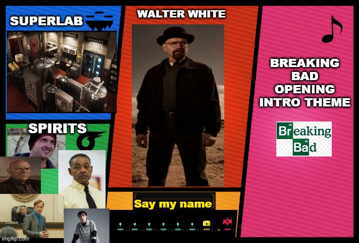 Smash Ultimate DLC fighter profile | WALTER WHITE; BREAKING BAD OPENING INTRO THEME; SUPERLAB; SPIRITS; Say my name | image tagged in smash ultimate dlc fighter profile | made w/ Imgflip meme maker
