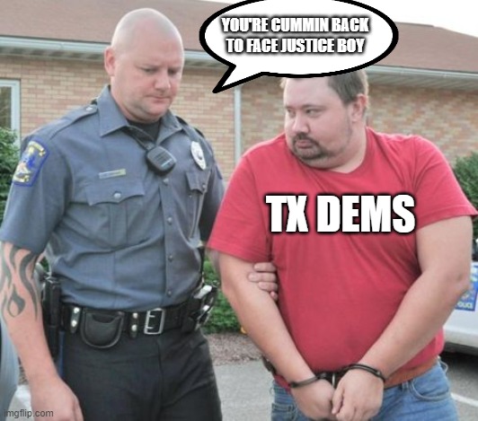 man get arrested | YOU'RE CUMMIN BACK TO FACE JUSTICE BOY; TX DEMS | image tagged in man get arrested | made w/ Imgflip meme maker