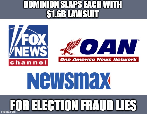 Trump's 'big lie' propagandists are discovering it comes with a major price | DOMINION SLAPS EACH WITH 
$1.6B LAWSUIT; FOR ELECTION FRAUD LIES | image tagged in election 2020,trump,the big lie,dominion vm,propagandists,gop fraud | made w/ Imgflip meme maker