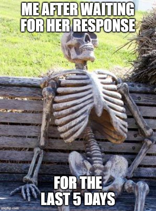 Waiting Skeleton | ME AFTER WAITING FOR HER RESPONSE; FOR THE LAST 5 DAYS | image tagged in memes,waiting skeleton | made w/ Imgflip meme maker