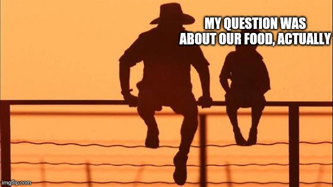 Cowboy father and son | MY QUESTION WAS ABOUT OUR FOOD, ACTUALLY | image tagged in cowboy father and son | made w/ Imgflip meme maker