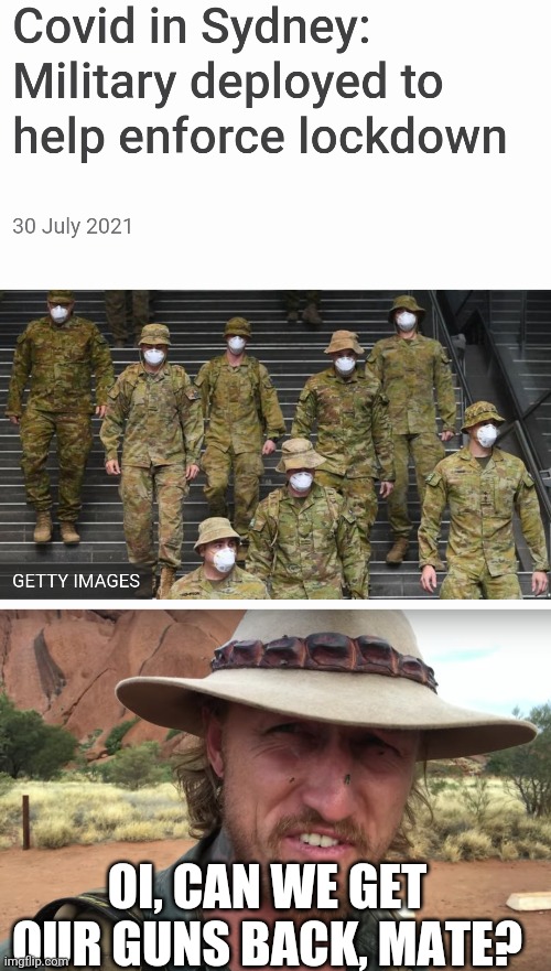 No 2a in australia | OI, CAN WE GET OUR GUNS BACK, MATE? | image tagged in second amendment | made w/ Imgflip meme maker