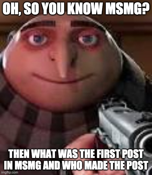 Gru with Gun | OH, SO YOU KNOW MSMG? THEN WHAT WAS THE FIRST POST IN MSMG AND WHO MADE THE POST | image tagged in gru with gun | made w/ Imgflip meme maker