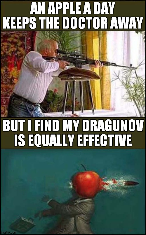 Overkill - A Challenge To Home Visits By The Doctor | AN APPLE A DAY KEEPS THE DOCTOR AWAY; BUT I FIND MY DRAGUNOV IS EQUALLY EFFECTIVE | image tagged in sniper,apple,doctors,dark humour | made w/ Imgflip meme maker