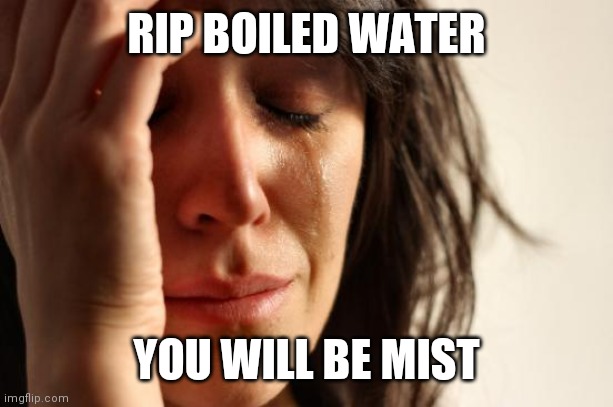 First World Problems Meme | RIP BOILED WATER; YOU WILL BE MIST | image tagged in memes,first world problems,bad pun | made w/ Imgflip meme maker