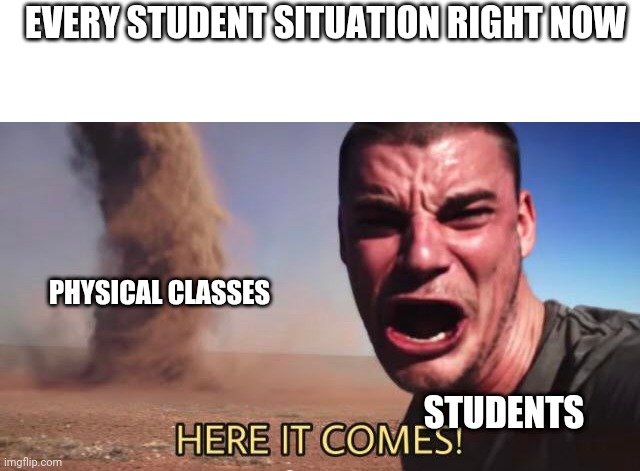 Situation after covid | EVERY STUDENT SITUATION RIGHT NOW; PHYSICAL CLASSES; STUDENTS | image tagged in here it comes | made w/ Imgflip meme maker