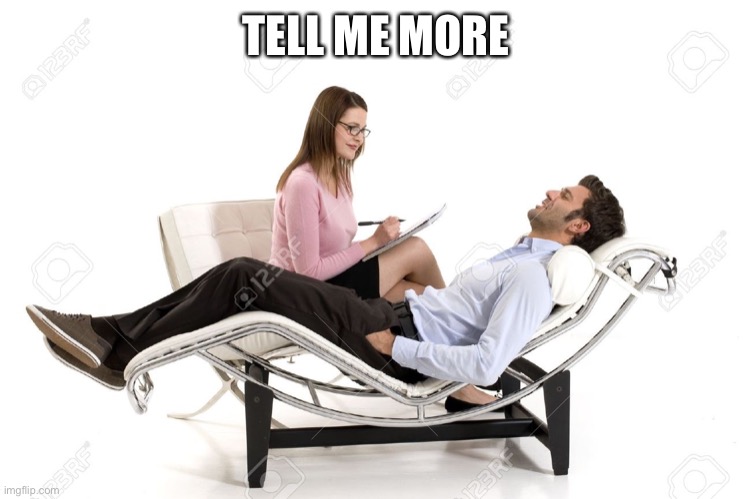 Therapist | TELL ME MORE | image tagged in therapist | made w/ Imgflip meme maker