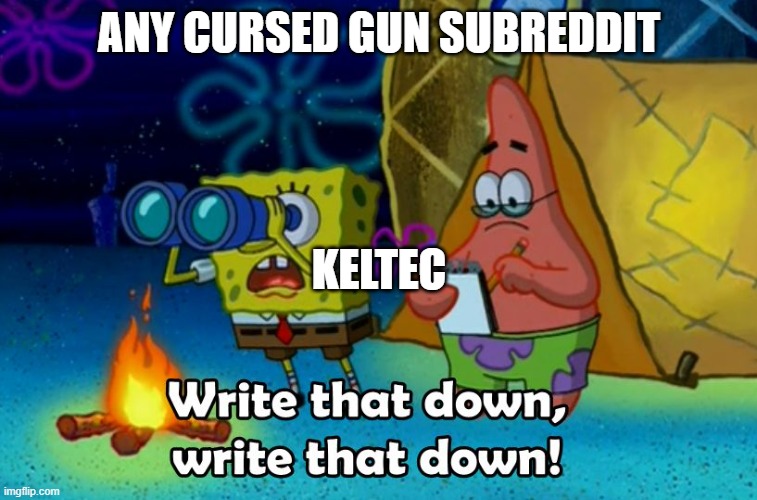 write that down | ANY CURSED GUN SUBREDDIT; KELTEC | image tagged in write that down | made w/ Imgflip meme maker