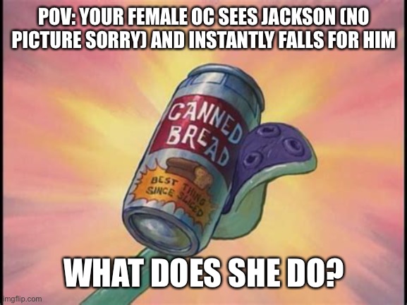 Kkalala | POV: YOUR FEMALE OC SEES JACKSON (NO PICTURE SORRY) AND INSTANTLY FALLS FOR HIM; WHAT DOES SHE DO? | image tagged in canned bread | made w/ Imgflip meme maker