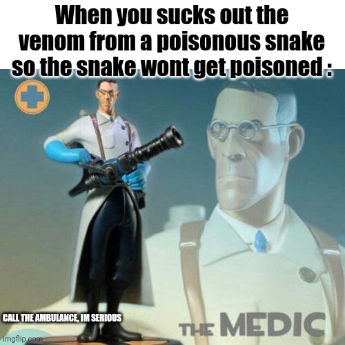 Made seconds before dying |  When you sucks out the venom from a poisonous snake so the snake wont get poisoned :; CALL THE AMBULANCE, IM SERIOUS | image tagged in the medic tf2,memes,funny,gifs,not really a gif,oh wow are you actually reading these tags | made w/ Imgflip meme maker