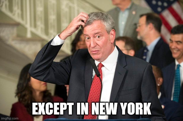 Bill DeBlasio | EXCEPT IN NEW YORK | image tagged in bill deblasio | made w/ Imgflip meme maker