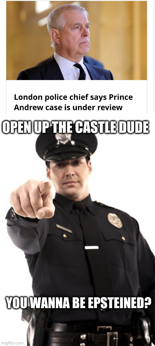 OPEN UP THE CASTLE DUDE; YOU WANNA BE EPSTEINED? | image tagged in police | made w/ Imgflip meme maker