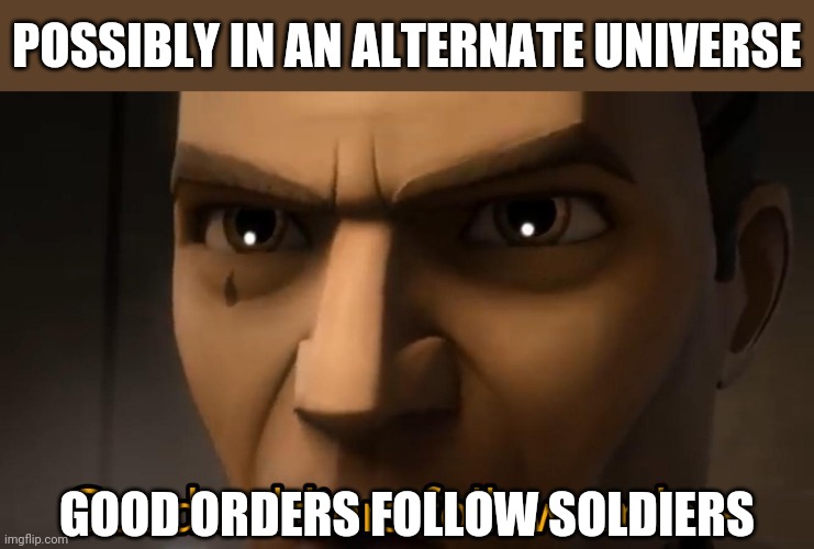 good soldiers follow orders | POSSIBLY IN AN ALTERNATE UNIVERSE; GOOD ORDERS FOLLOW SOLDIERS | image tagged in good soldiers follow orders,memes | made w/ Imgflip meme maker