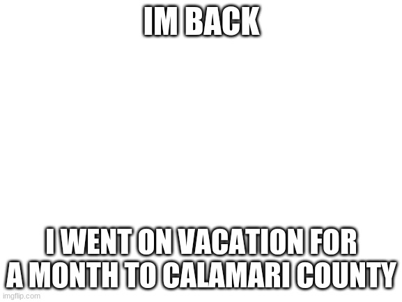 SORRY | IM BACK; I WENT ON VACATION FOR A MONTH TO CALAMARI COUNTY | image tagged in blank white template | made w/ Imgflip meme maker