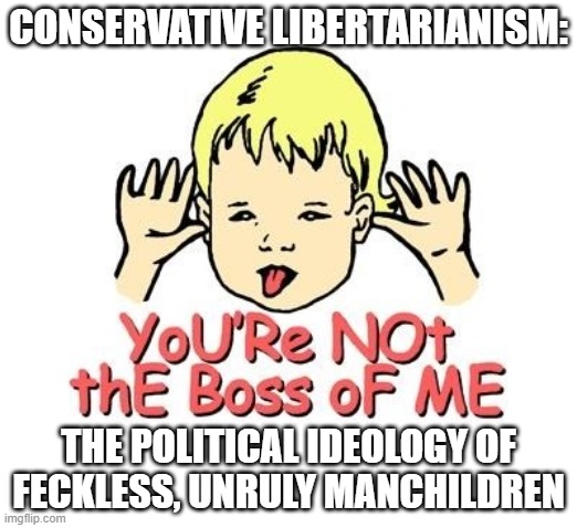 When You Want To Be Free From Having To Think About What You're Doing And Why You're Doing It | CONSERVATIVE LIBERTARIANISM:; THE POLITICAL IDEOLOGY OF FECKLESS, UNRULY MANCHILDREN | image tagged in conservative,libertarianism,freedumb,irresponsibility,conservative logic,childish | made w/ Imgflip meme maker