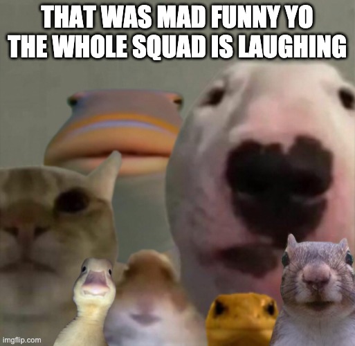 The council remastered | THAT WAS MAD FUNNY YO
THE WHOLE SQUAD IS LAUGHING | image tagged in the council remastered | made w/ Imgflip meme maker