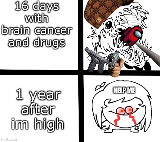 ill is done with drugs | 16 days with brain cancer and drugs; 1 year after im high; HELP ME | image tagged in sr pelo ill meme | made w/ Imgflip meme maker