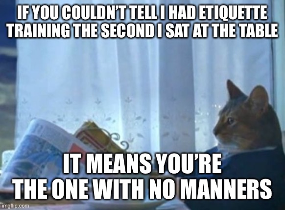 I Should Buy A Boat Cat | IF YOU COULDN’T TELL I HAD ETIQUETTE TRAINING THE SECOND I SAT AT THE TABLE; IT MEANS YOU’RE THE ONE WITH NO MANNERS | image tagged in memes,i should buy a boat cat | made w/ Imgflip meme maker