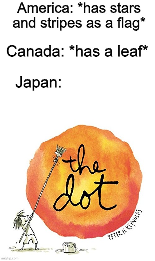 d o t |  America: *has stars and stripes as a flag*; Canada: *has a leaf*; Japan: | image tagged in blank white template,america,american flag,japanese,canada,red dot | made w/ Imgflip meme maker