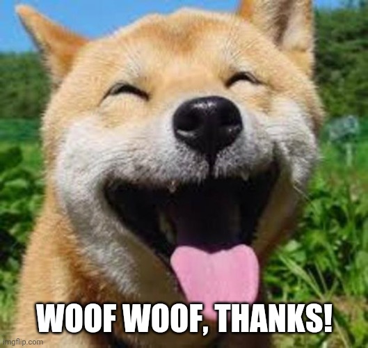 Happy Doge | WOOF WOOF, THANKS! | image tagged in happy doge | made w/ Imgflip meme maker