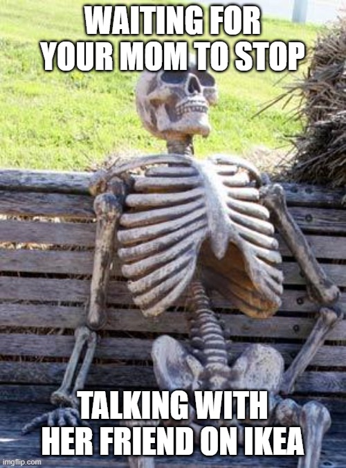 Waiting Skeleton Meme | WAITING FOR YOUR MOM TO STOP TALKING WITH HER FRIEND ON IKEA | image tagged in memes,waiting skeleton | made w/ Imgflip meme maker