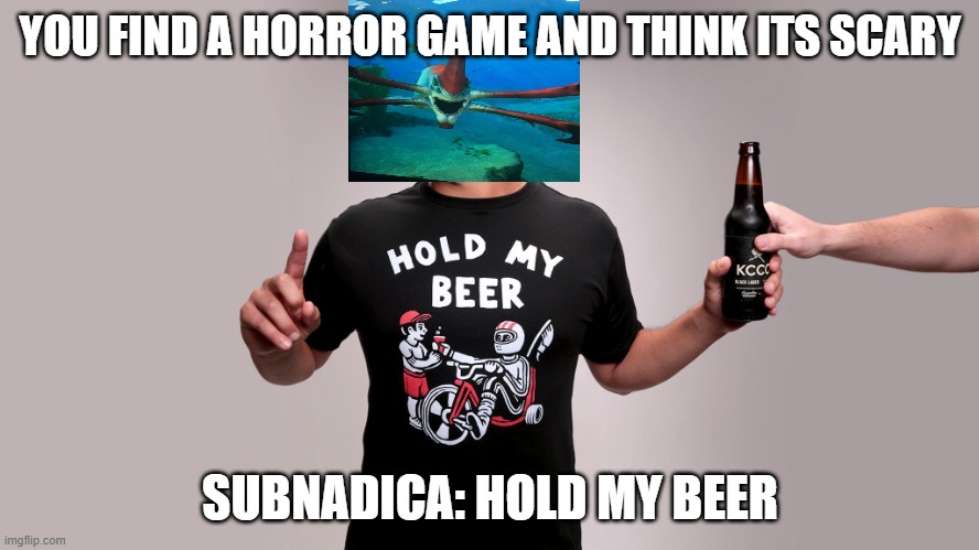 haha no. | YOU FIND A HORROR GAME AND THINK ITS SCARY; SUBNADICA: HOLD MY BEER | image tagged in hold my beer,potato made | made w/ Imgflip meme maker