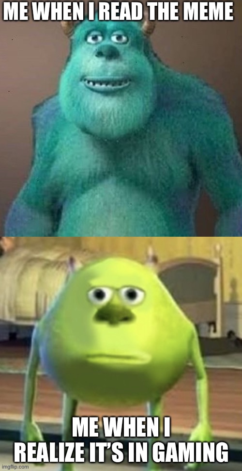 Sully wazowski uh oh | ME WHEN I READ THE MEME ME WHEN I REALIZE IT’S IN GAMING | image tagged in sully wazowski uh oh | made w/ Imgflip meme maker