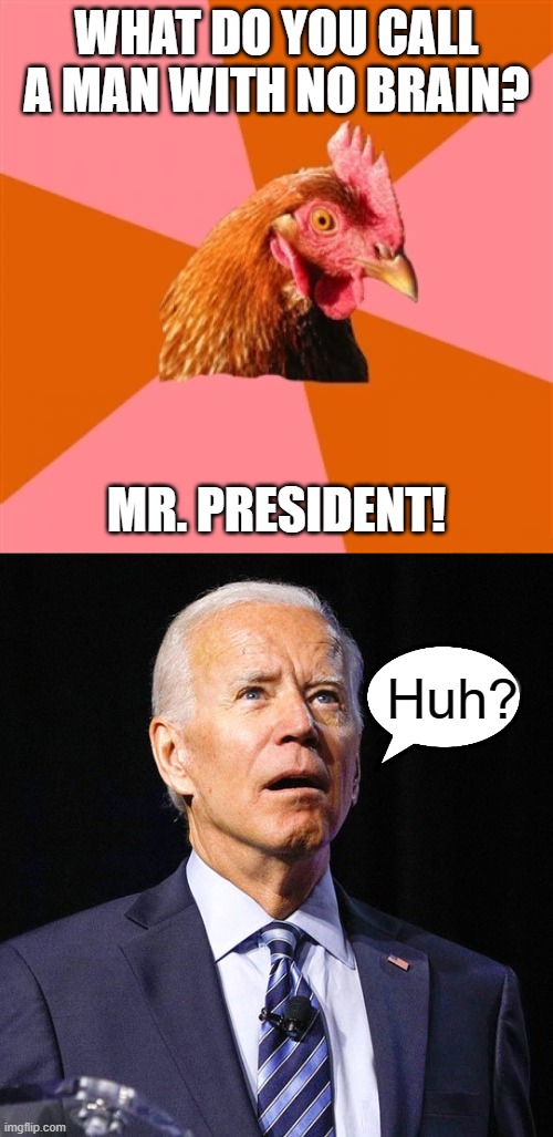 :-p | WHAT DO YOU CALL A MAN WITH NO BRAIN? MR. PRESIDENT! Huh? | image tagged in memes,anti joke chicken,joe biden | made w/ Imgflip meme maker