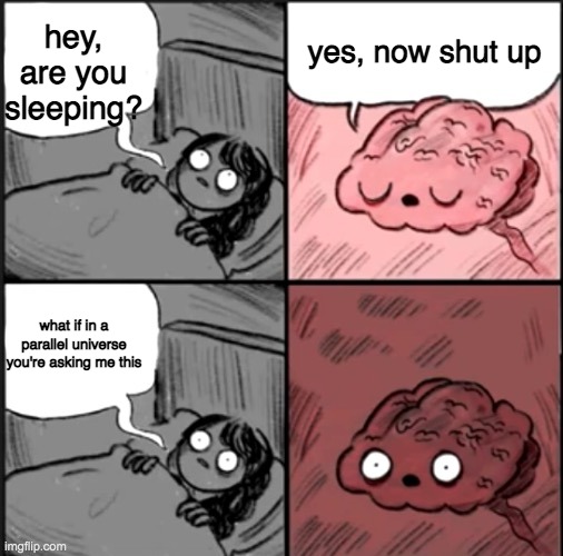 Hey Brain Are You Going to Sleep? | yes, now shut up; hey, are you sleeping? what if in a parallel universe you're asking me this | image tagged in hey brain are you going to sleep | made w/ Imgflip meme maker