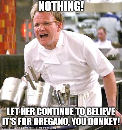 Chef Gordon Ramsay Meme | NOTHING! LET HER CONTINUE TO BELIEVE IT'S FOR OREGANO, YOU DONKEY! | image tagged in memes,chef gordon ramsay | made w/ Imgflip meme maker