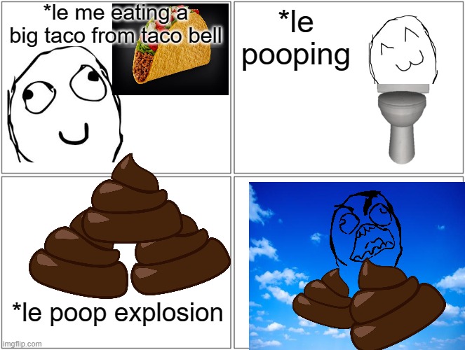 Blank Comic Panel 2x2 Meme | *le me eating a big taco from taco bell; *le pooping; *le poop explosion | image tagged in memes,blank comic panel 2x2 | made w/ Imgflip meme maker