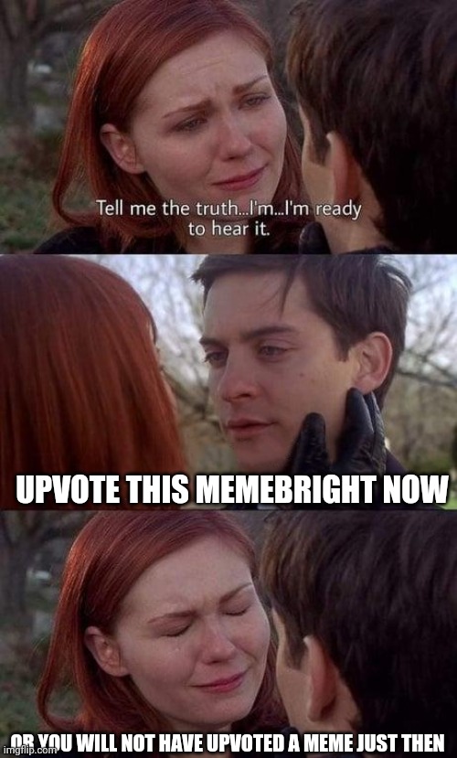 The Upvote Beggars Paradox - Being extremely specific with your upvote instructions makes results less likely. | UPVOTE THIS MEMEBRIGHT NOW; OR YOU WILL NOT HAVE UPVOTED A MEME JUST THEN | image tagged in tell me the truth i'm ready to hear it,with cute tyoo,and mera tyoo,ans tjat | made w/ Imgflip meme maker