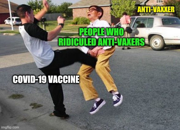 Kicked in ze nuts | ANTI-VAXXER; PEOPLE WHO RIDICULED ANTI-VAXERS; COVID-19 VACCINE | image tagged in kicked in ze nuts | made w/ Imgflip meme maker