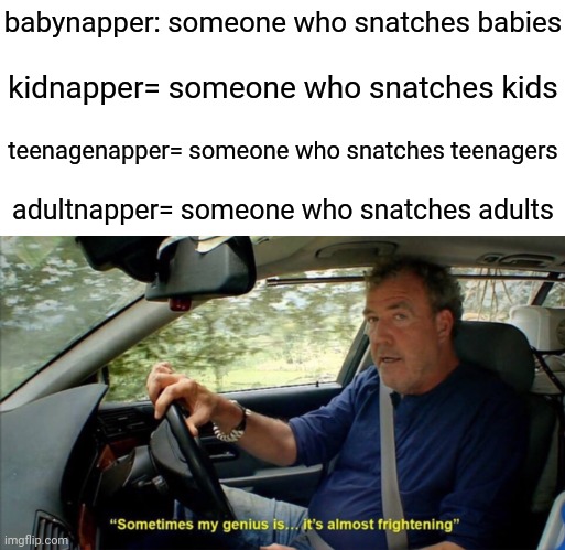 Something I came up with | babynapper: someone who snatches babies; kidnapper= someone who snatches kids; teenagenapper= someone who snatches teenagers; adultnapper= someone who snatches adults | image tagged in sometimes my genius is it's almost frightening,blank white template,funny,memes,kidnap,infinite iq | made w/ Imgflip meme maker