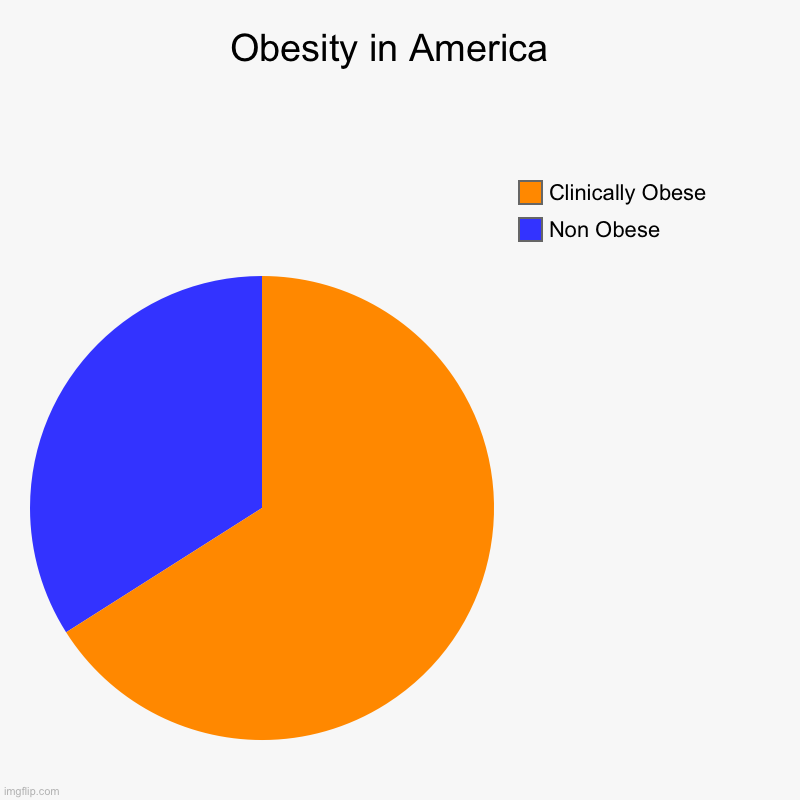 Obesity in America | Obesity in America  | Non Obese, Clinically Obese | image tagged in charts,pie charts | made w/ Imgflip chart maker