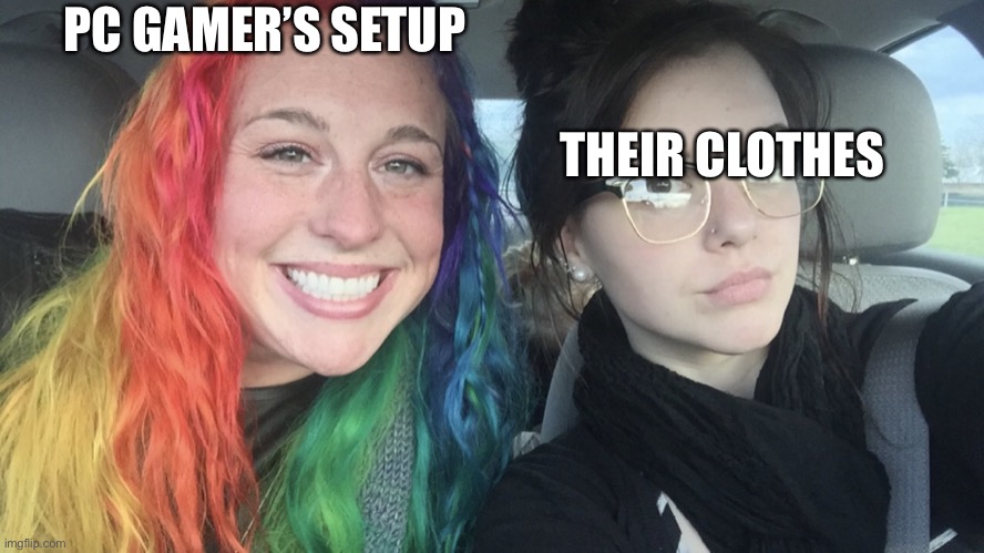 It’s true | THEIR CLOTHES; PC GAMER’S SETUP | image tagged in rainbow hair and goth | made w/ Imgflip meme maker