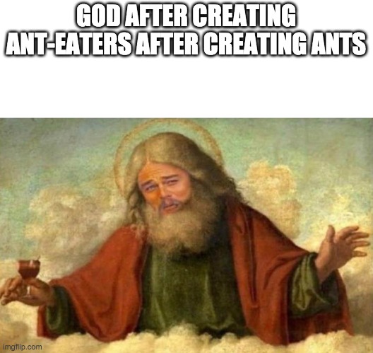 Leonardo DiCaprio God | GOD AFTER CREATING ANT-EATERS AFTER CREATING ANTS | image tagged in leonardo dicaprio god | made w/ Imgflip meme maker