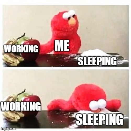 Sleep | ME; SLEEPING; WORKING; WORKING; SLEEPING | image tagged in elmo cocaine | made w/ Imgflip meme maker