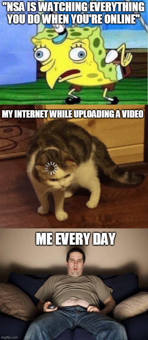 "NSA IS WATCHING EVERYTHING YOU DO WHEN YOU'RE ONLINE"; MY INTERNET WHILE UPLOADING A VIDEO; ME EVERY DAY | image tagged in memes,mocking spongebob,lag cat,lazy fat guy on the couch | made w/ Imgflip meme maker