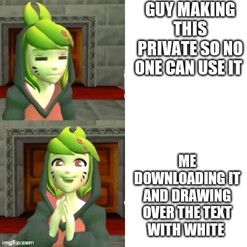 GUY MAKING THIS PRIVATE SO NO ONE CAN USE IT; ME DOWNLOADING IT AND DRAWING OVER THE TEXT WITH WHITE | made w/ Imgflip meme maker