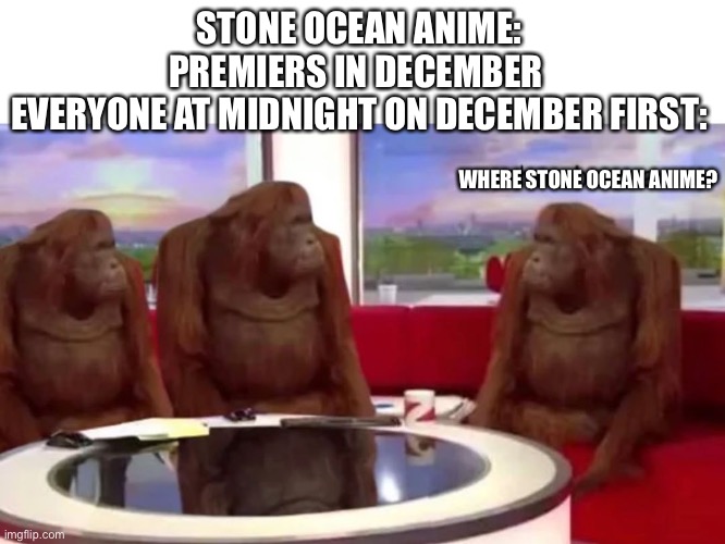 True tho | STONE OCEAN ANIME: PREMIERS IN DECEMBER 
EVERYONE AT MIDNIGHT ON DECEMBER FIRST:; WHERE STONE OCEAN ANIME? | image tagged in monkey where | made w/ Imgflip meme maker