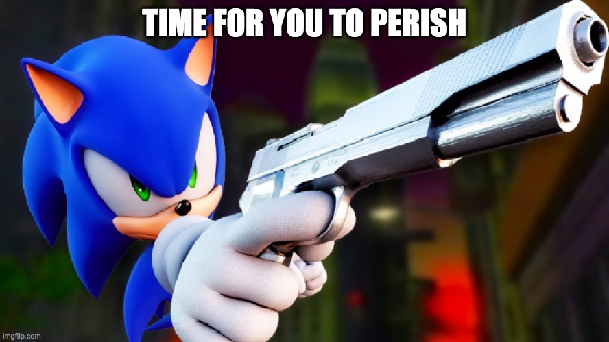Sonic with a gun | TIME FOR YOU TO PERISH | image tagged in sonic with a gun | made w/ Imgflip meme maker
