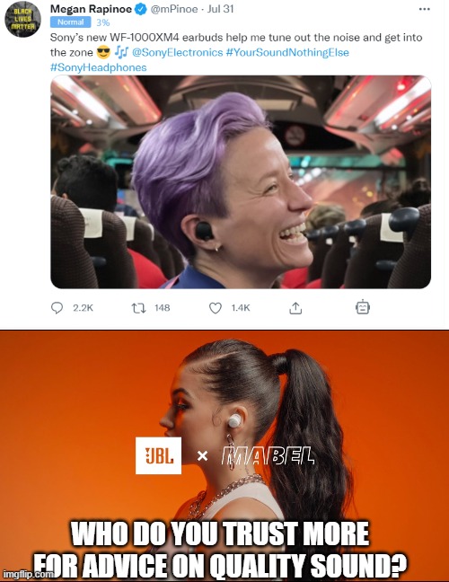 Who do you trust more for advice on quality sound? | WHO DO YOU TRUST MORE FOR ADVICE ON QUALITY SOUND? | image tagged in jbl,sony | made w/ Imgflip meme maker
