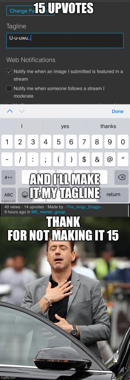 THANK
FOR NOT MAKING IT 15 | image tagged in relief | made w/ Imgflip meme maker