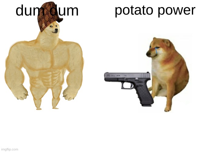 Buff Doge vs. Cheems Meme | dum dum; potato power | image tagged in memes,buff doge vs cheems | made w/ Imgflip meme maker