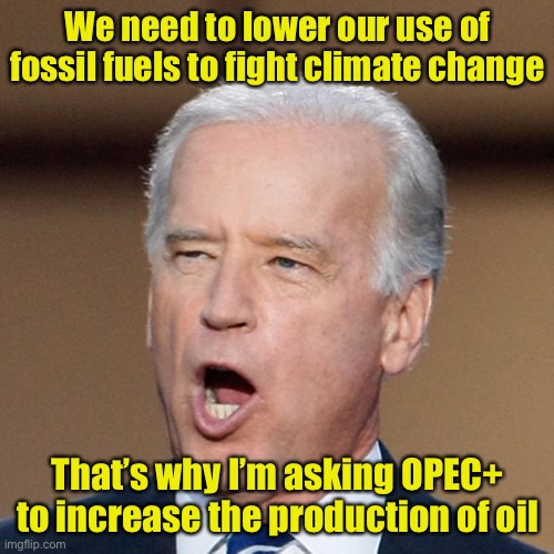 So, do you want less fossil fuels or not?  Make up your mind. | We need to lower our use of fossil fuels to fight climate change; That’s why I’m asking OPEC+ to increase the production of oil | image tagged in joe biden,liberal logic,global warming | made w/ Imgflip meme maker