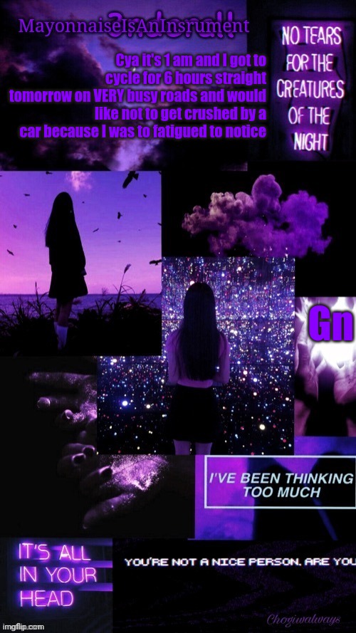 (Ty bean_child) MayonnaiseIsAnInsrument Black and purple temp | Cya it's 1 am and I got to cycle for 6 hours straight tomorrow on VERY busy roads and would like not to get crushed by a car because I was to fatigued to notice; Gn | image tagged in ty bean_child mayonnaiseisaninsrument black and purple temp | made w/ Imgflip meme maker