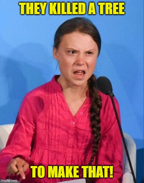 Greta Thunberg how dare you | THEY KILLED A TREE TO MAKE THAT! | image tagged in greta thunberg how dare you | made w/ Imgflip meme maker