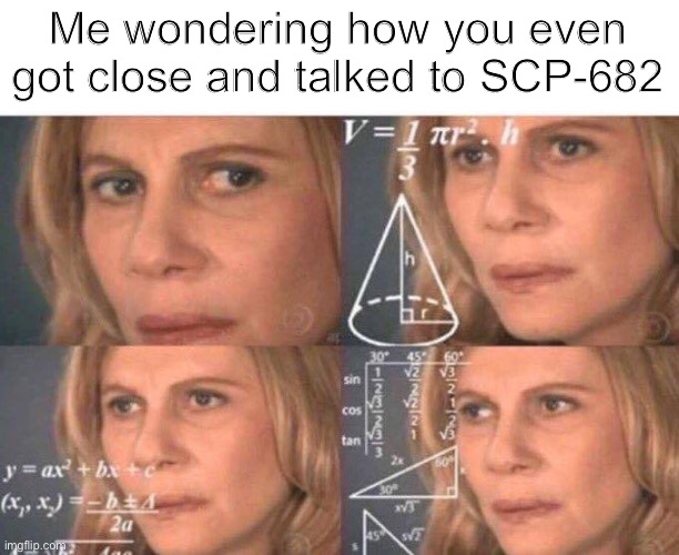 Math lady/Confused lady | Me wondering how you even got close and talked to SCP-682 | image tagged in math lady/confused lady | made w/ Imgflip meme maker